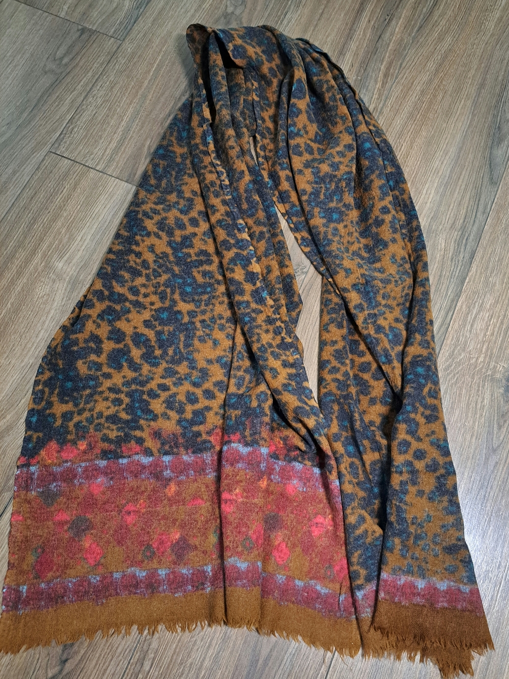 Tiara Multicolor Leopard Fringe Scarf in Brown, Black and Red